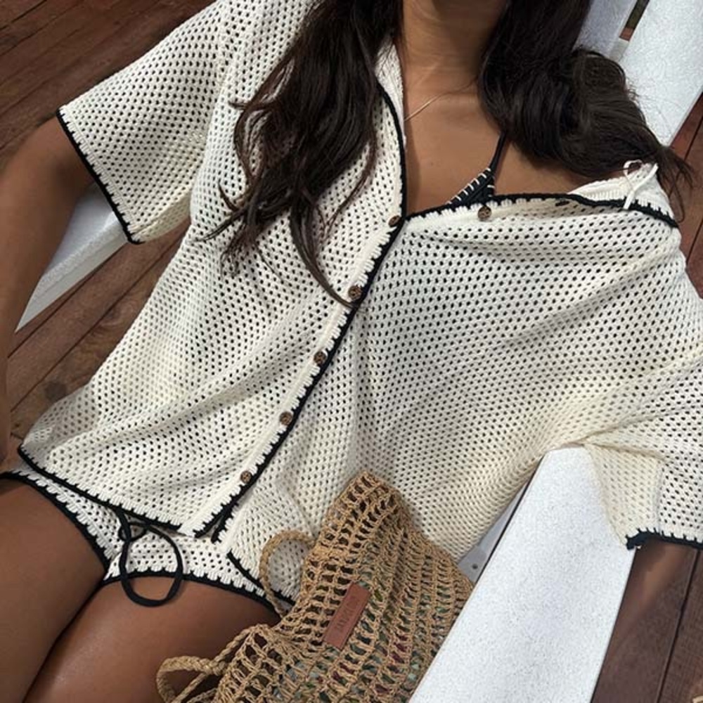 Sand Cloud black & cream mesh, crochet, swim cover, sweater S/M Large